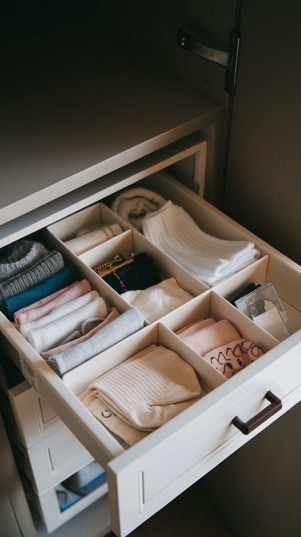 Organized drawer with dividers holding socks and accessories