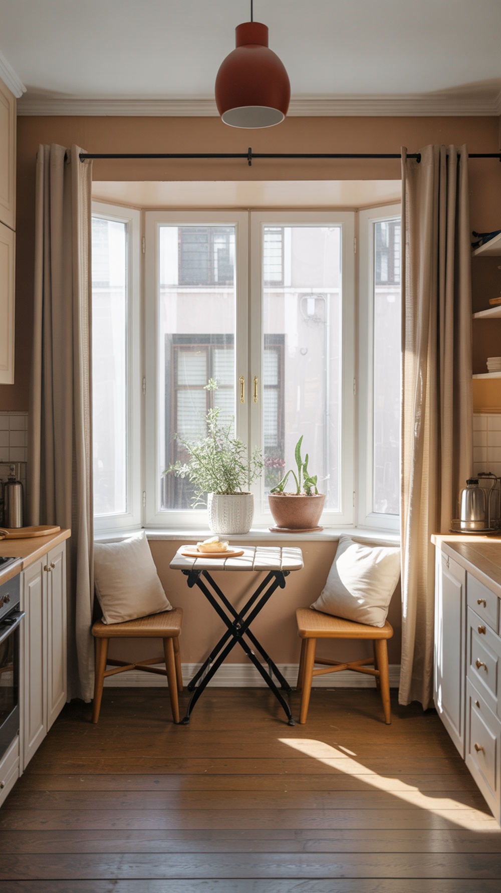 A cozy breakfast nook with a small round table and two chairs by a sunny window in a small kitchen.