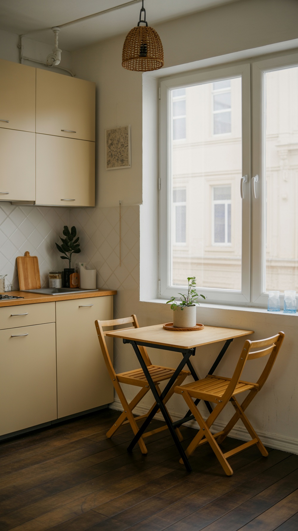 A small kitchen featuring a foldable dining table and two chairs, with a window providing natural light.