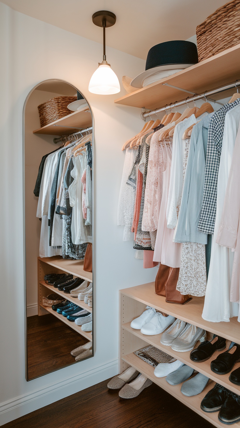 A small walk-in closet featuring a full-length mirror, organized clothing, and shoes on shelves.