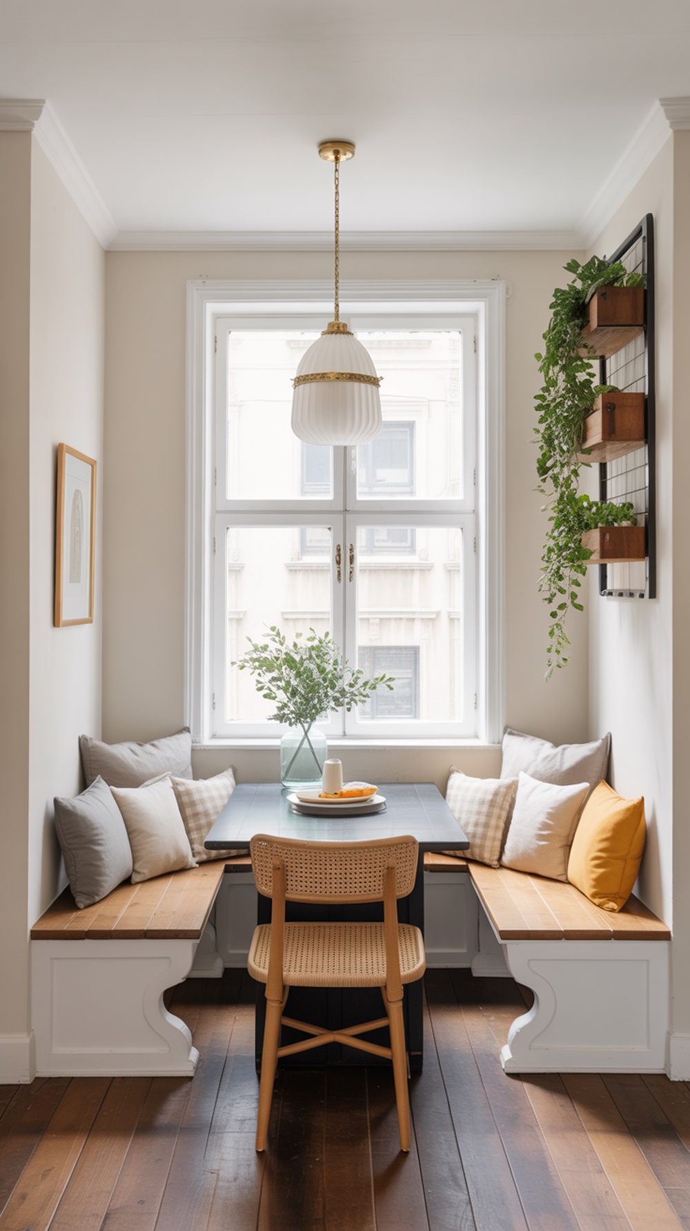 Cozy built-in seating area in a small dining room with a table, cushions, and plants.