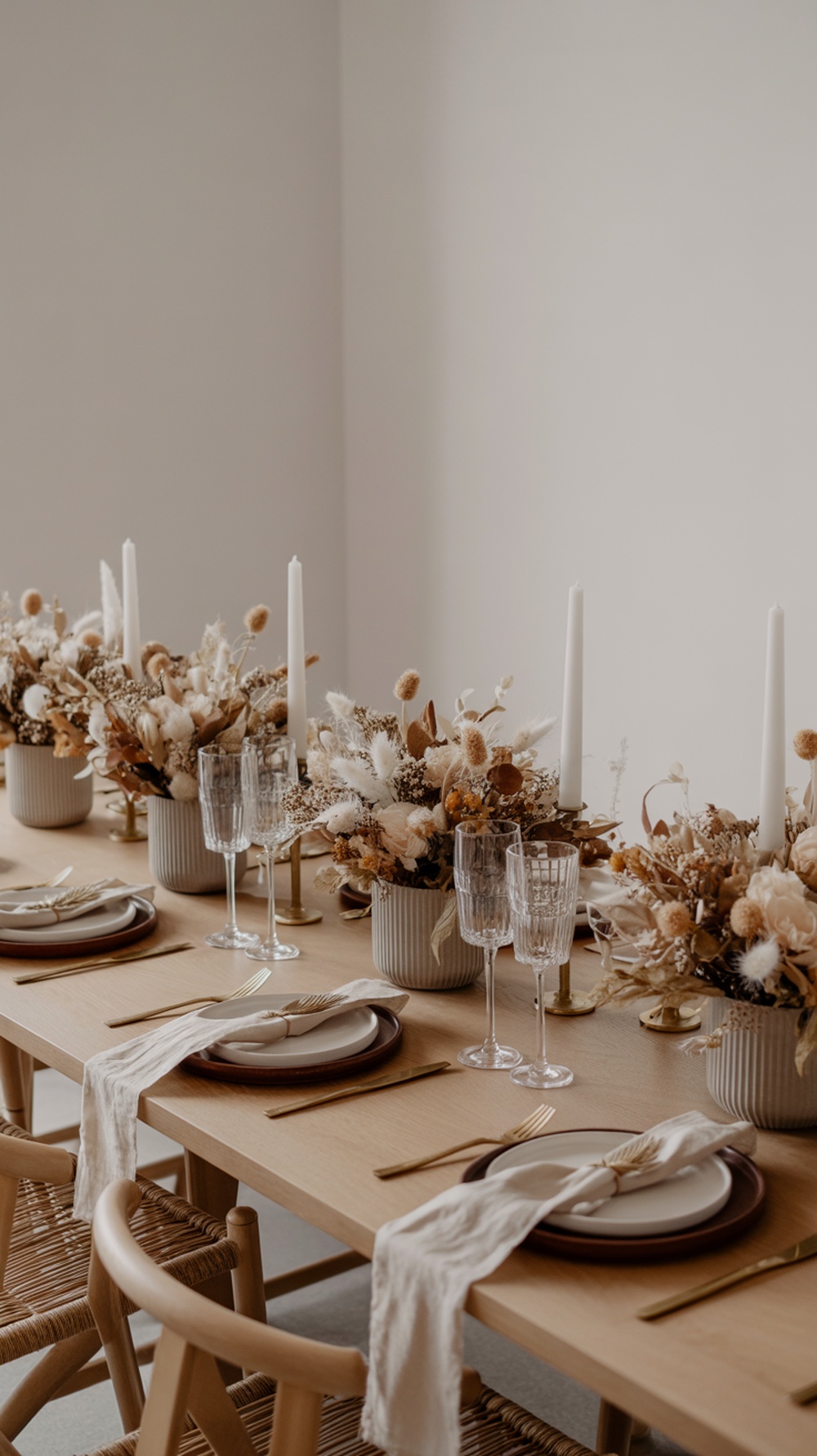 A neutral Thanksgiving table setting featuring dried flower arrangements, elegant tableware, and candles.