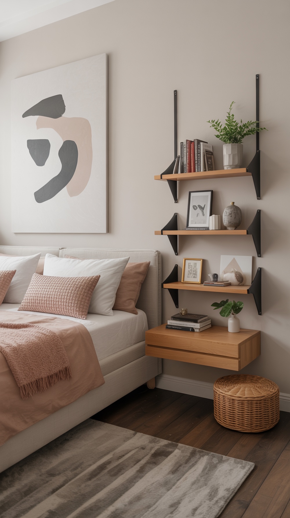 A cozy bedroom featuring a floating nightstand with books and decorative items.