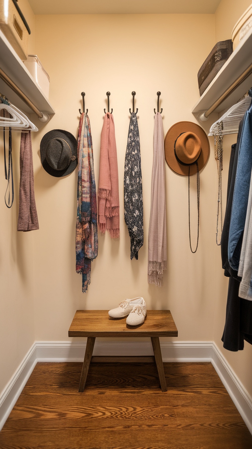 A small walk-in closet with hooks displaying hats and scarves, featuring a wooden bench and organized shelves.
