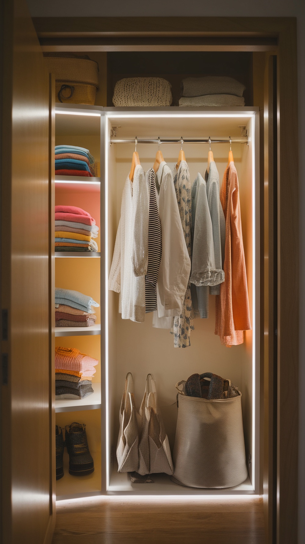 A small walk-in closet with organized clothes, shelves, and soft lighting.