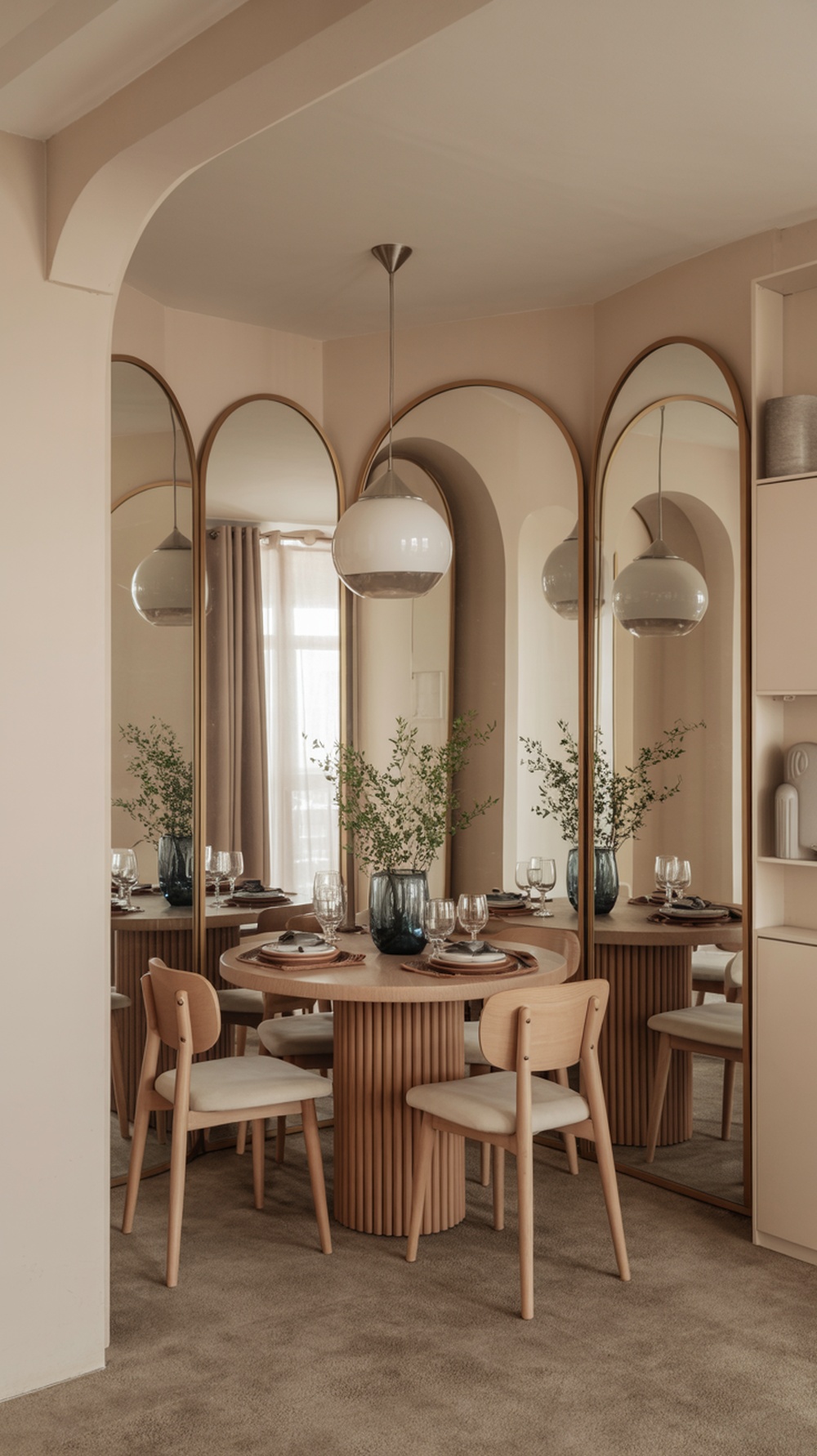 A small dining room featuring a round table, simple chairs, and three tall arched mirrors reflecting the space.