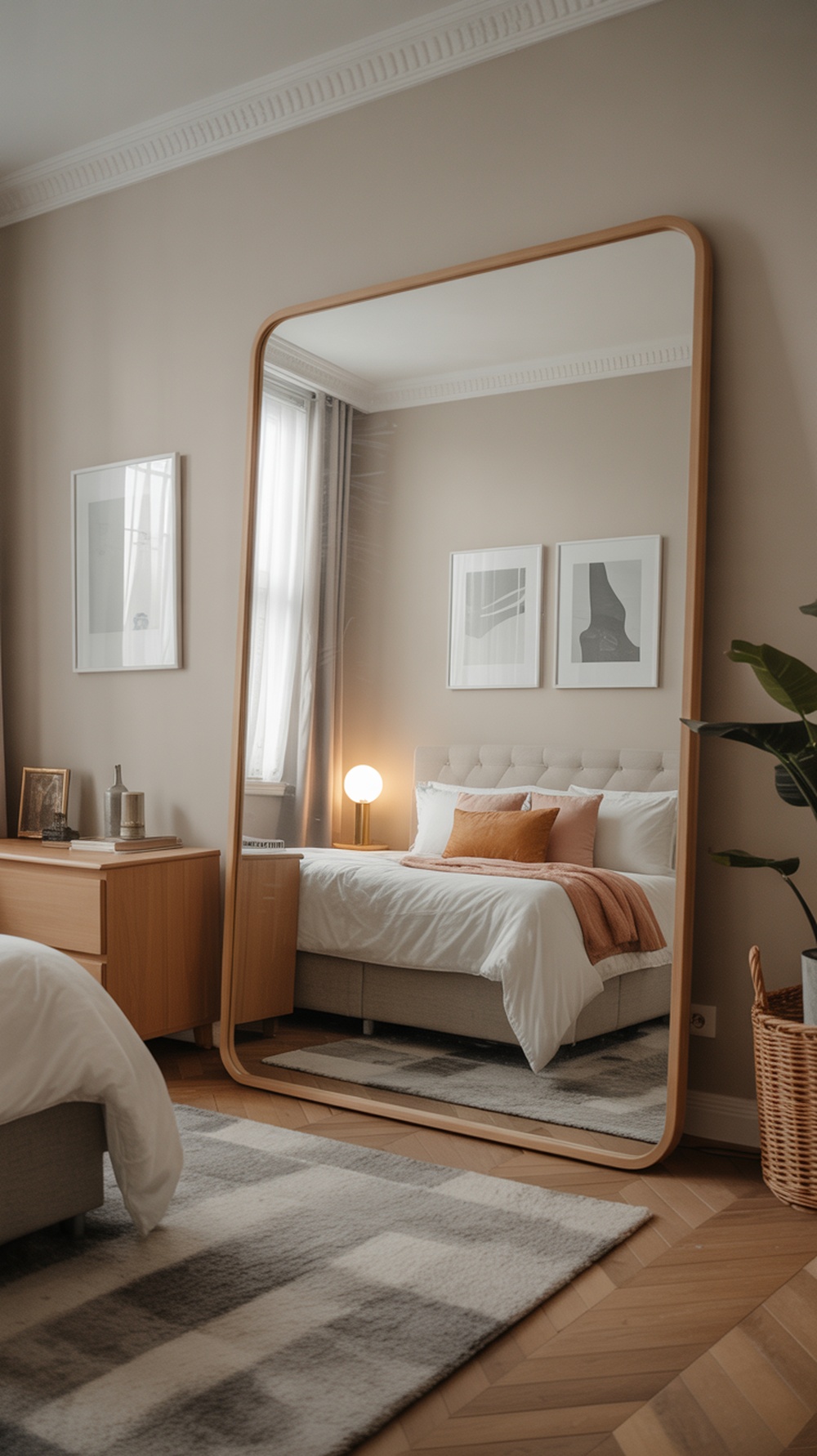 A small bedroom featuring a large mirror, cozy bed, and warm decor.