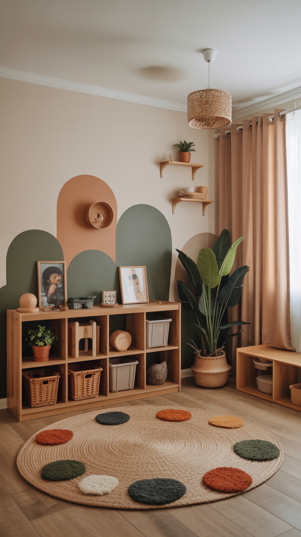A cozy kids playroom featuring natural elements like plants and wooden furniture.