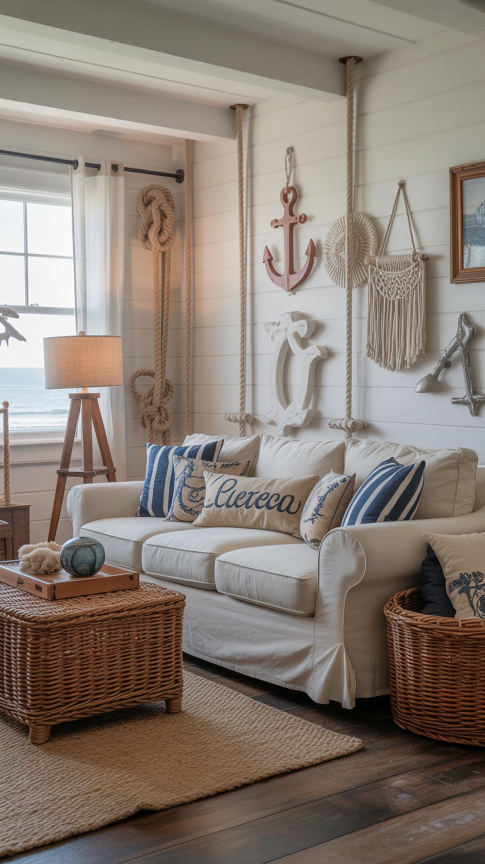 A coastal living room featuring a white sofa with blue and beige pillows, nautical decor on the walls, and a wicker coffee table.