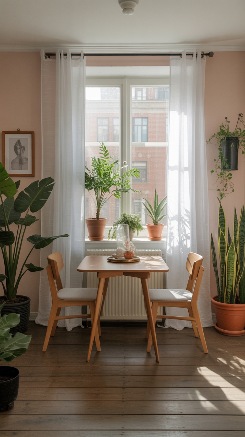 A small dining room with a wooden table and chairs, surrounded by various indoor plants near a window.