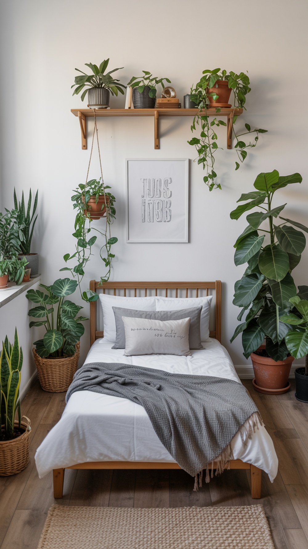 A cozy small bedroom with various indoor plants, a wooden bed, and soft bedding.