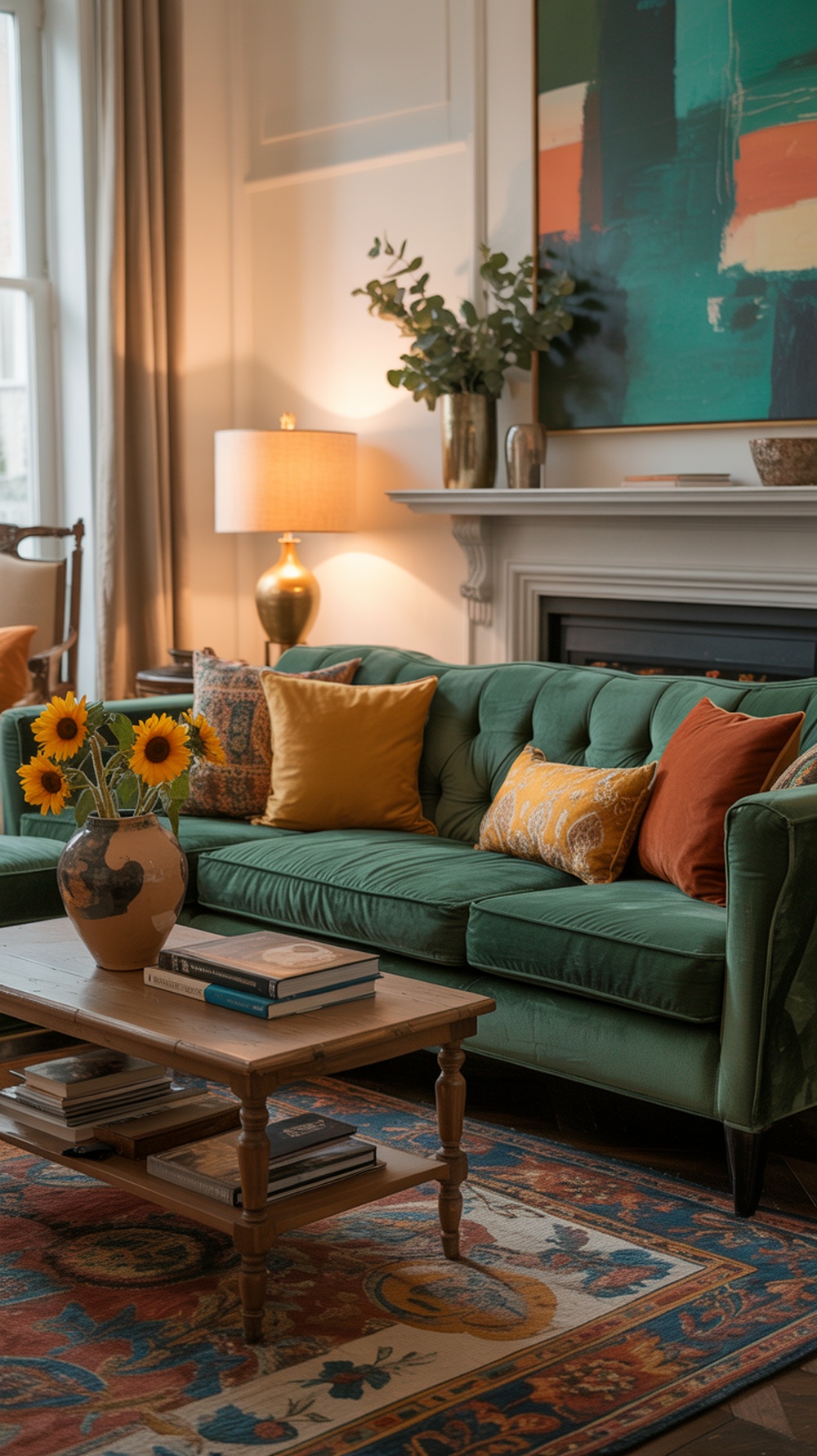 A colorful living room featuring a green sofa, bright cushions, and vintage decor.