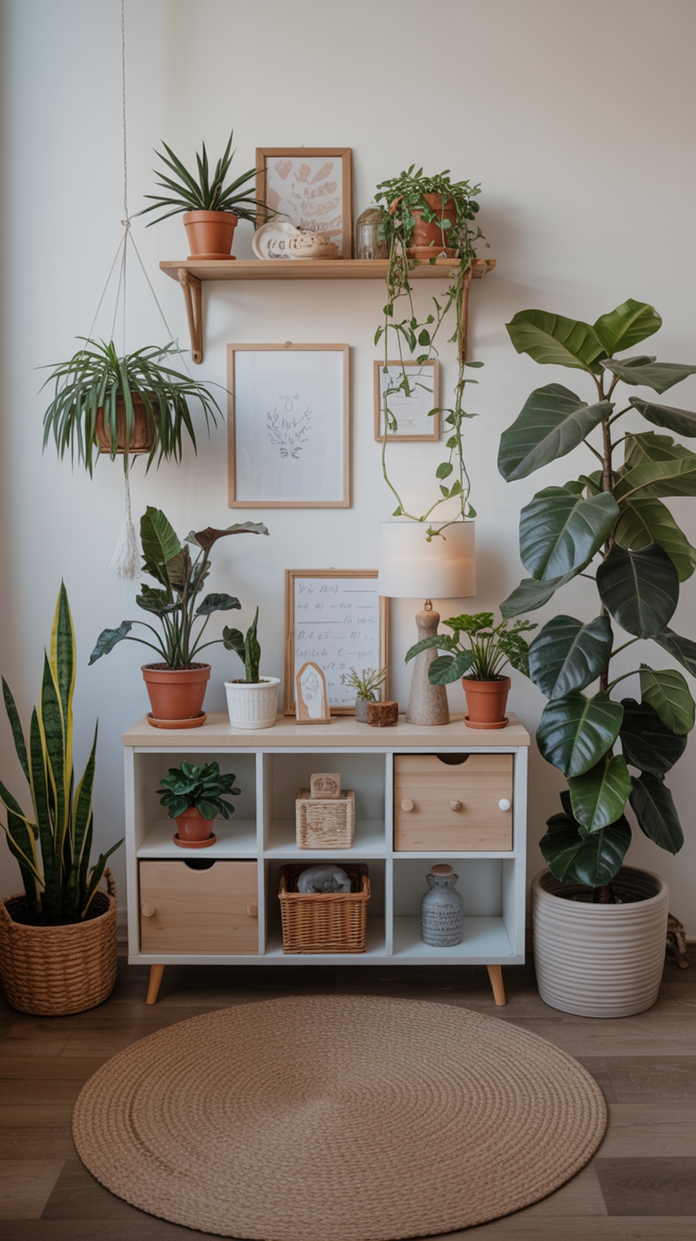 A boho gender-neutral nursery featuring various indoor plants on shelves and a cabinet, creating a fresh and inviting atmosphere.