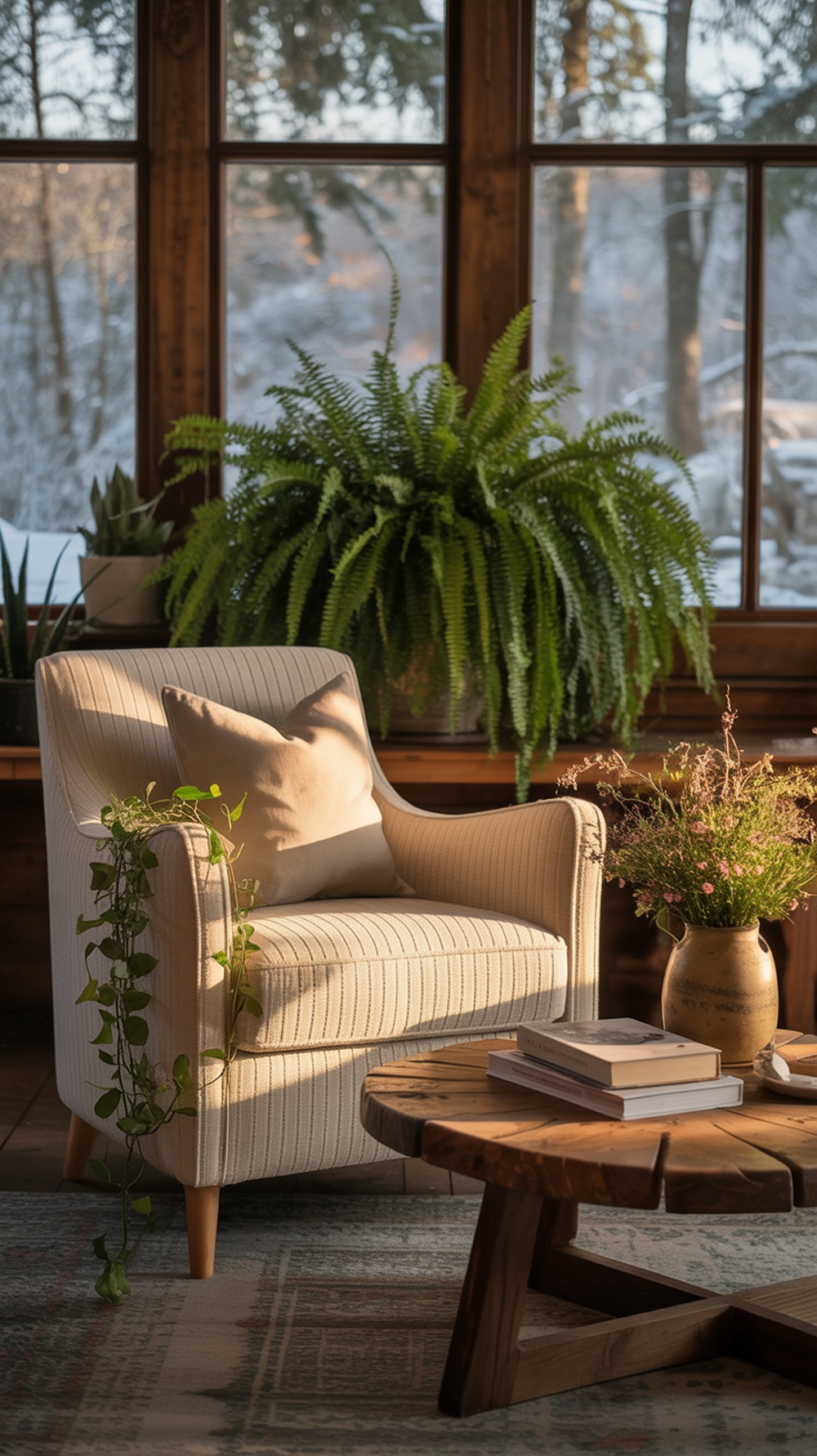 A cozy cabin living room filled with indoor plants, featuring a leather sofa, wooden walls, and a warm atmosphere.