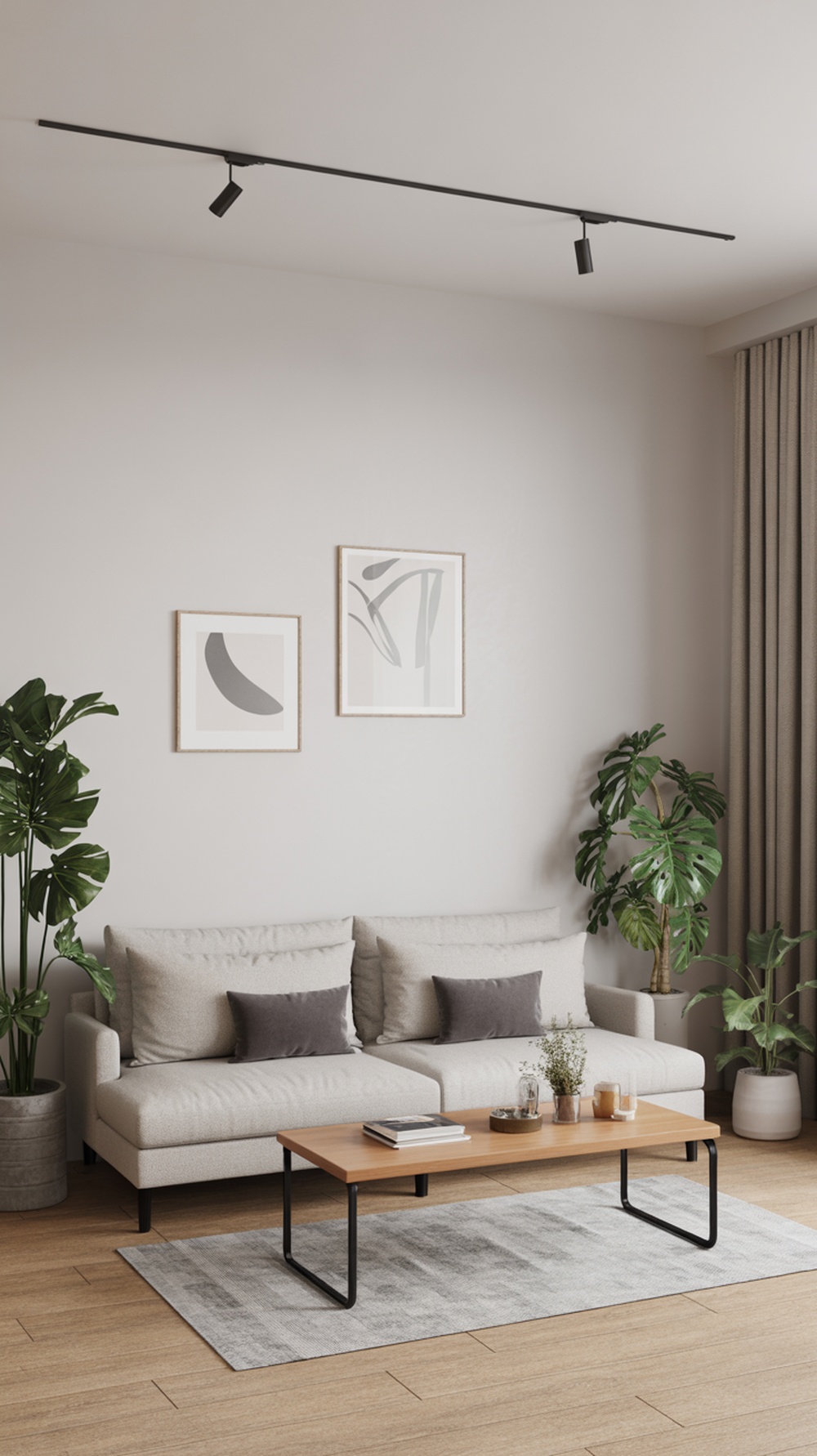 A modern living room featuring a cozy sofa, a coffee table, and indoor plants for a fresh look.