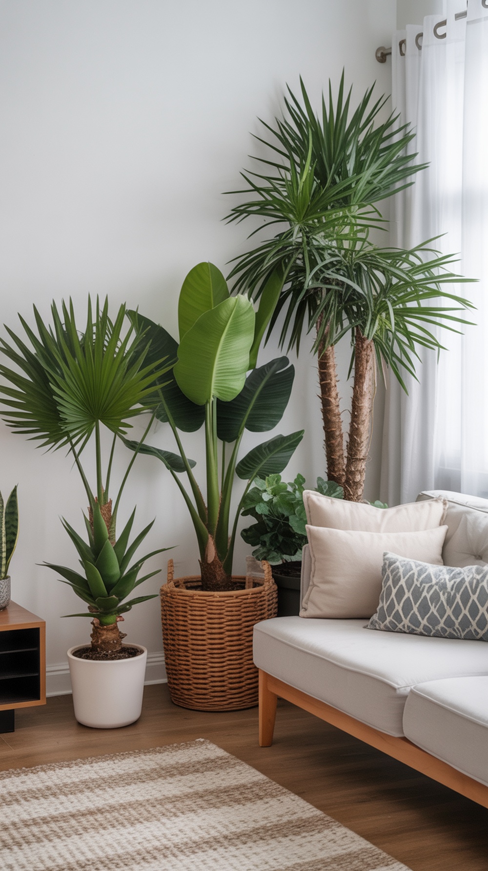 A coastal living room with various indoor plants, including tall palms and broad-leaved plants, next to a light-colored sofa.