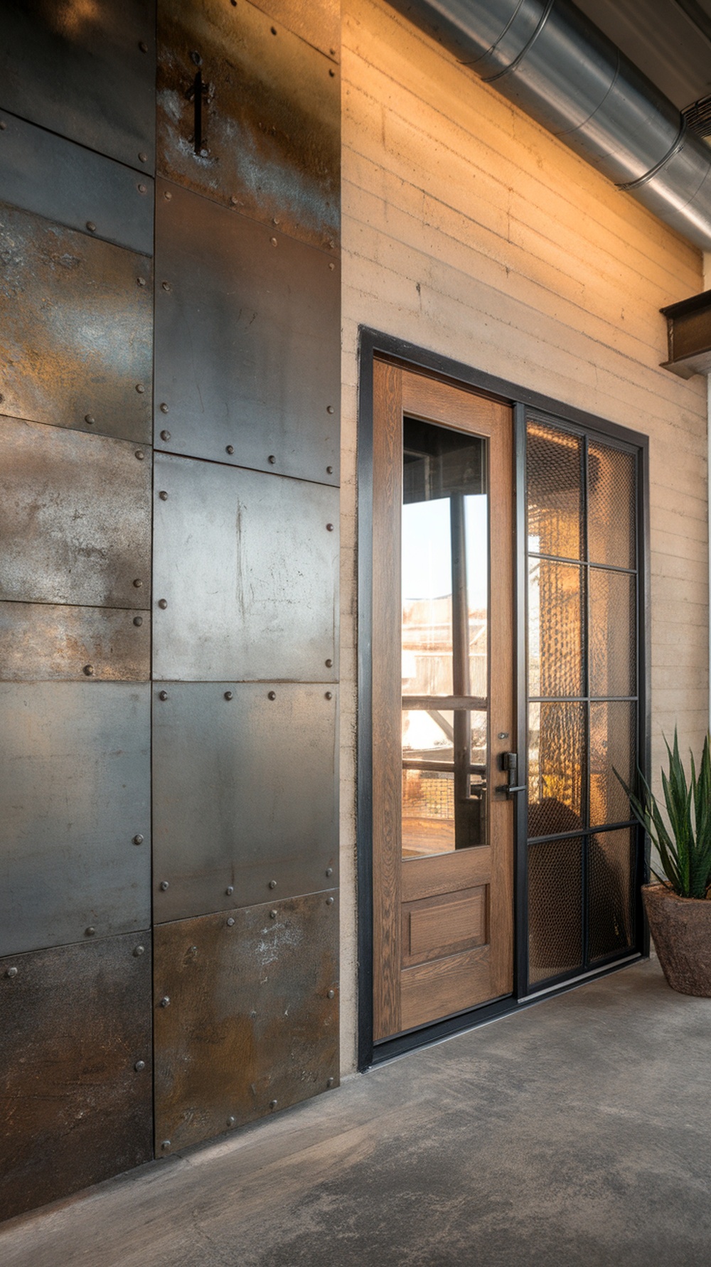 An entryway featuring a metal wall and wooden door, showcasing industrial chic design.
