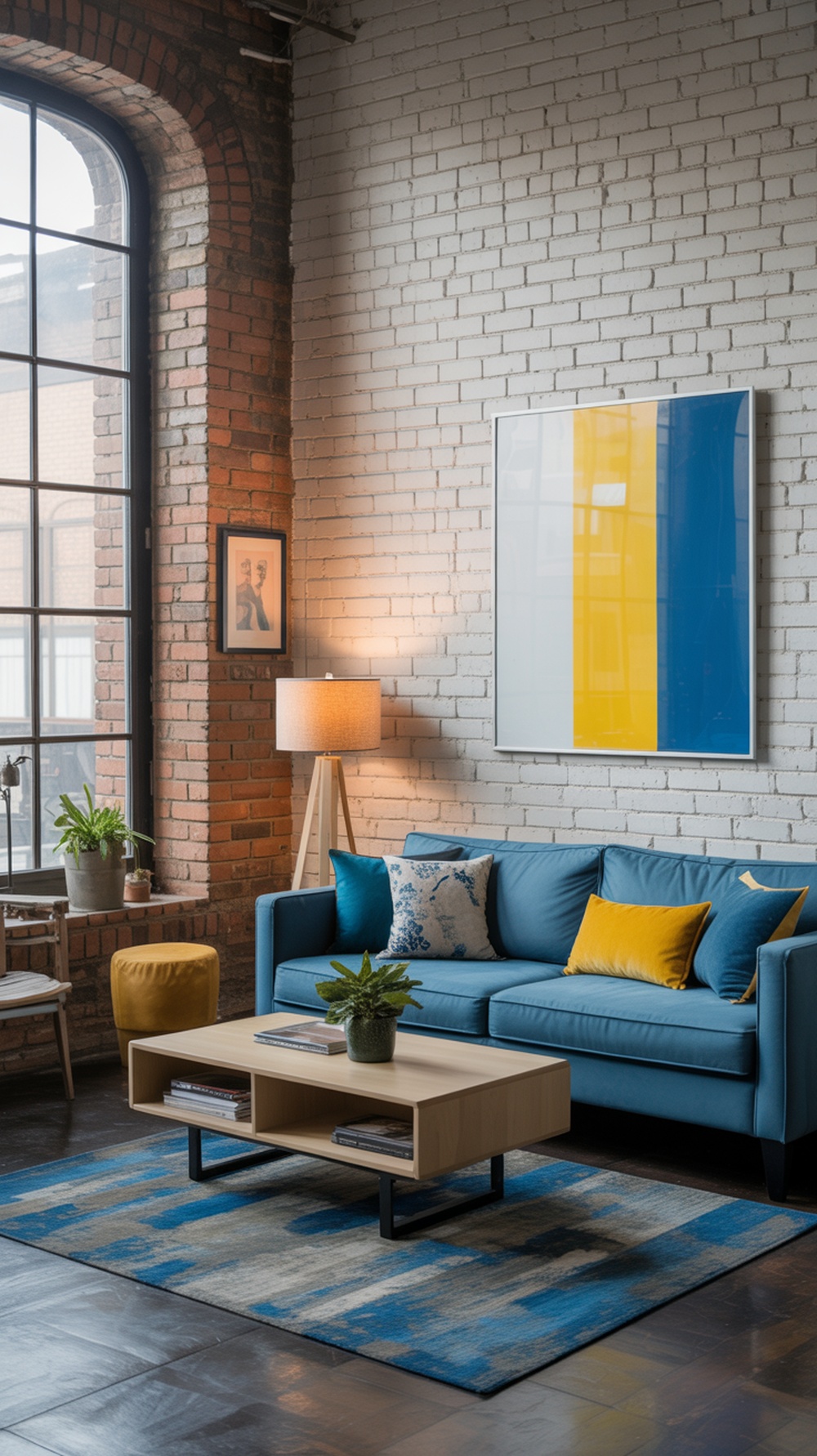 A stylish industrial living room featuring a blue sofa with yellow accents, exposed brick walls, and large windows.