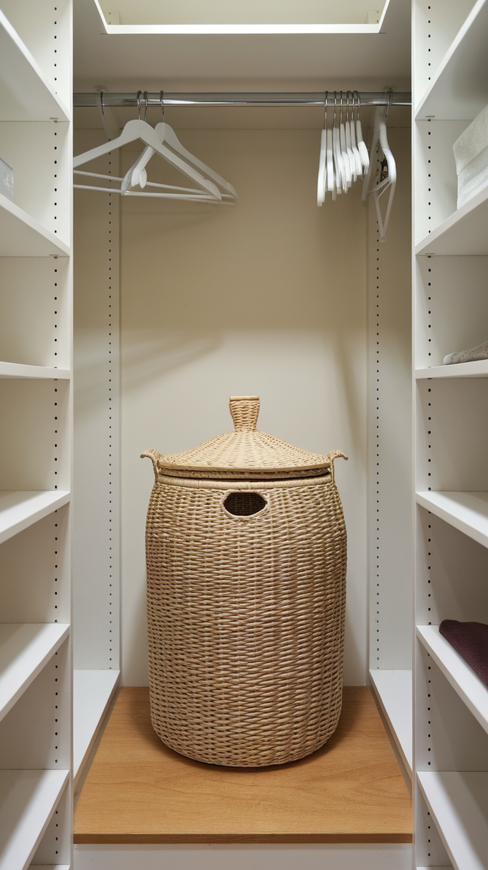 A small walk-in closet featuring a woven laundry basket on a wooden shelf.