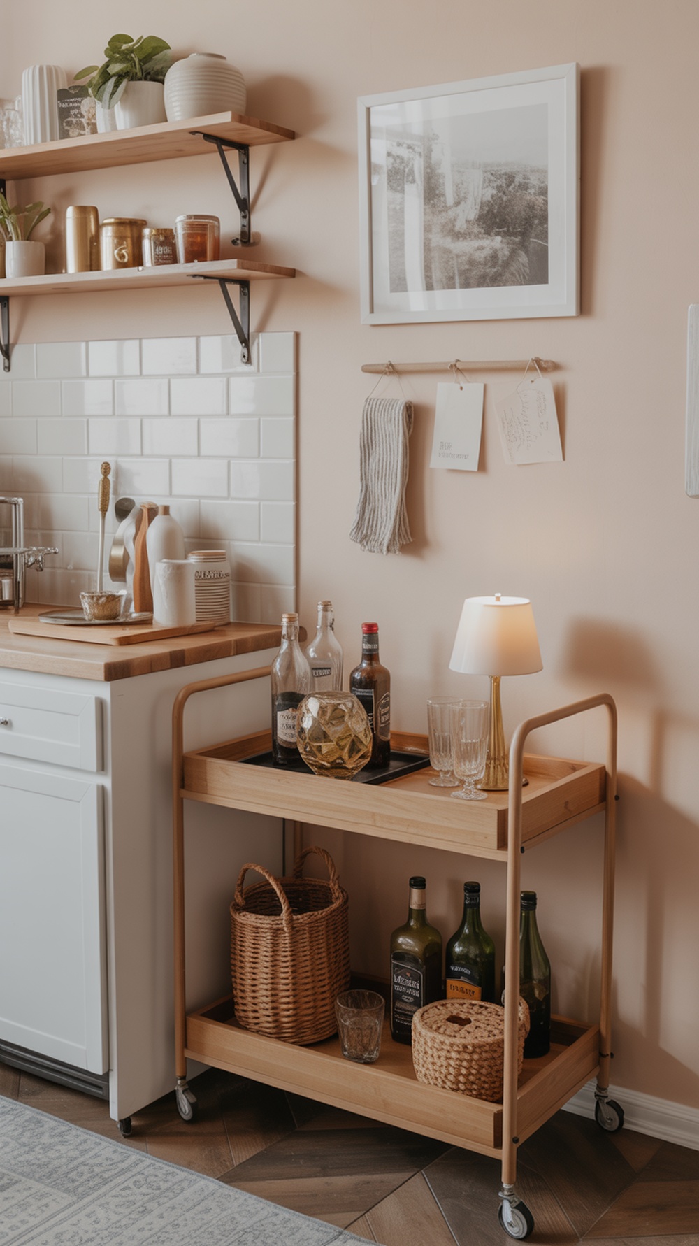 A small wooden bar cart with bottles and glasses in a cozy kitchen setting.