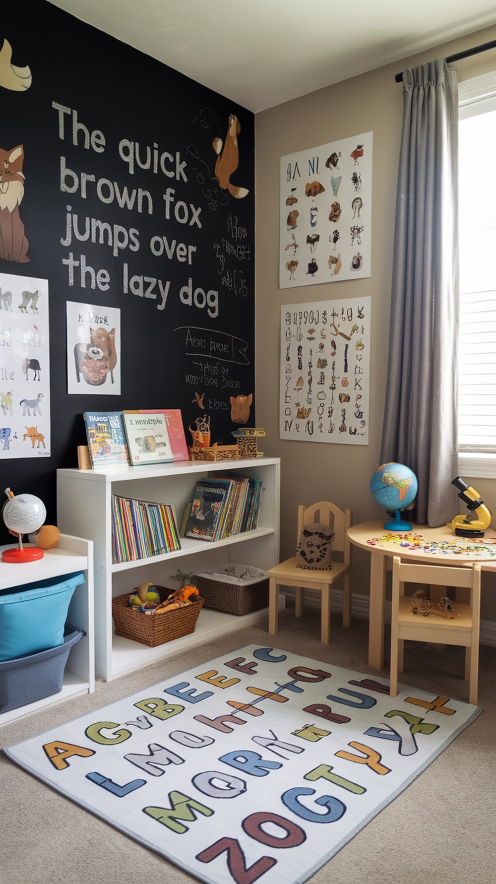 A children's bedroom with an interactive learning space featuring educational wall art, bookshelves, a globe, and a rug with letters.