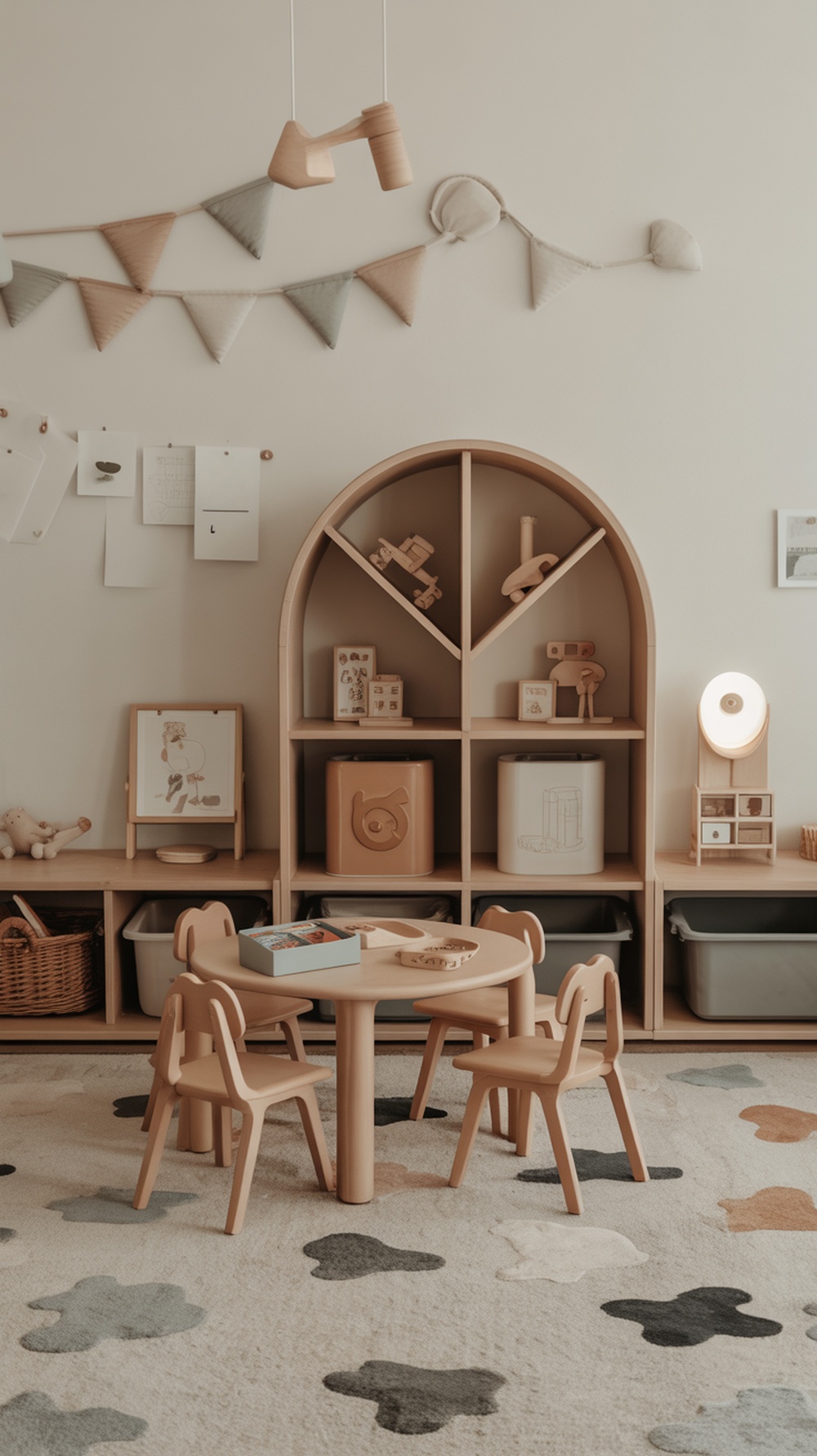 A cozy kids playroom featuring a small wooden table with chairs, colorful decor, and organized toy storage.