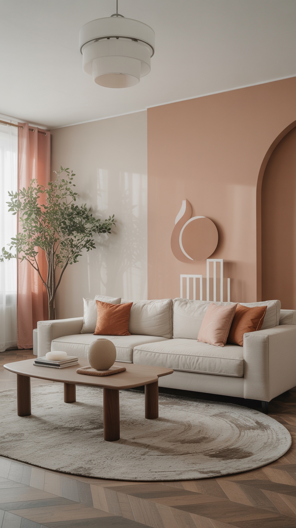 A modern minimalist living room featuring a peach wall, neutral sofa with orange pillows, and a geometric art piece.