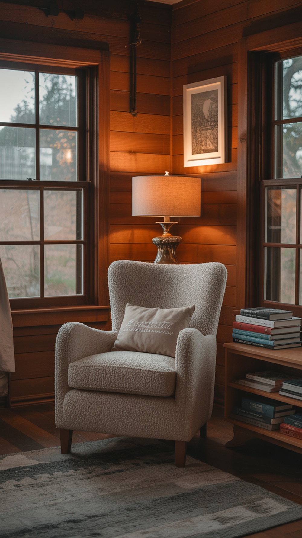 Cozy reading nook in a cabin with a comfortable armchair, side table with books, and warm lighting.