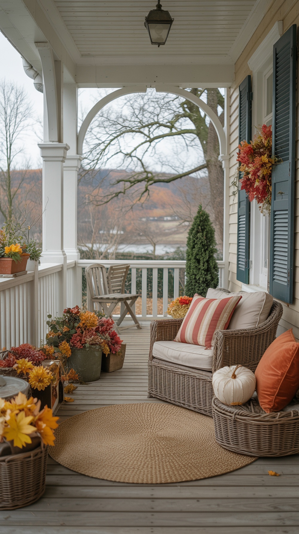 A cozy porch decorated for fall with wicker chairs, colorful cushions, and autumn leaves.