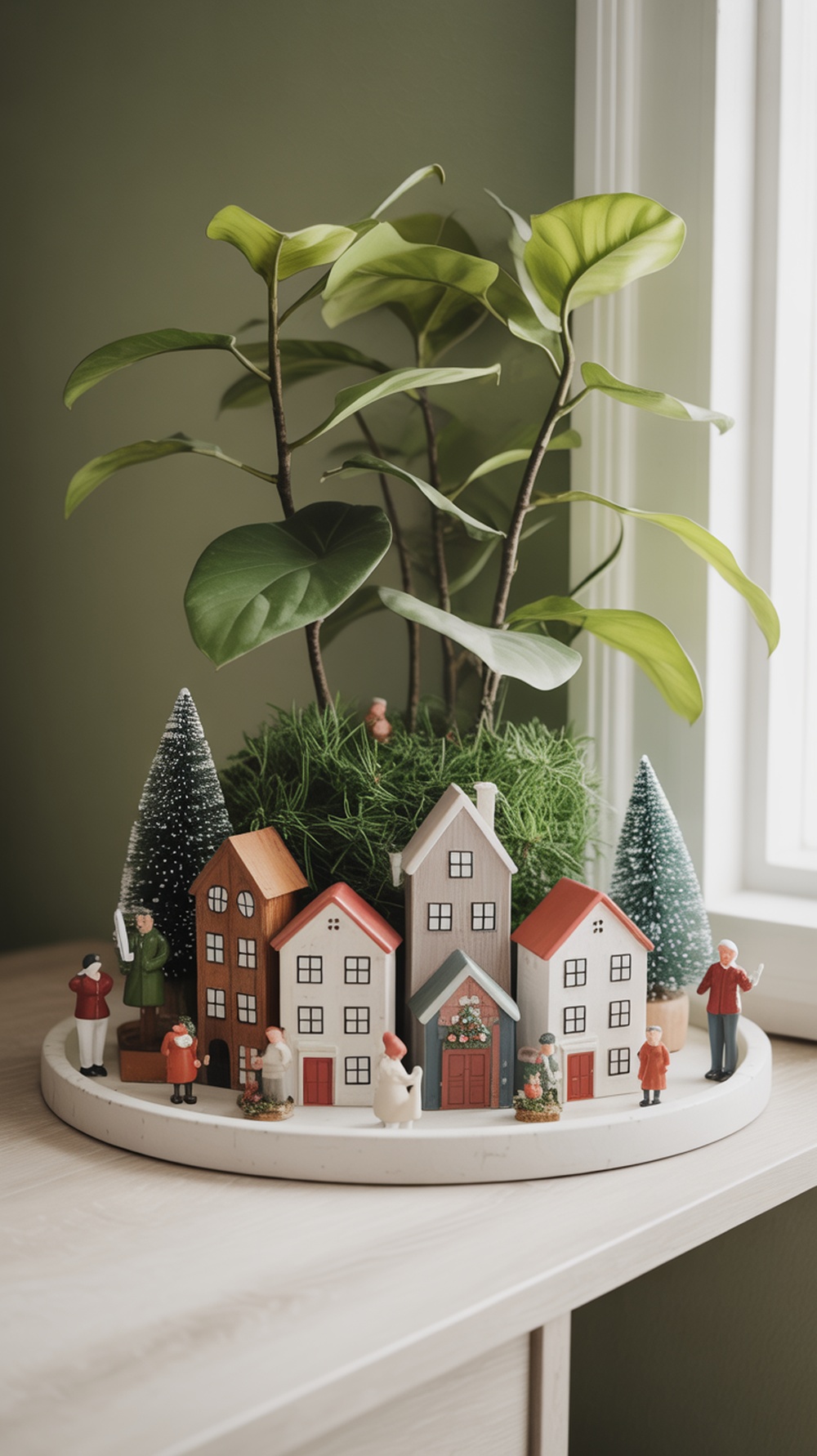 A Christmas village planter featuring miniature houses, figures, and greenery.