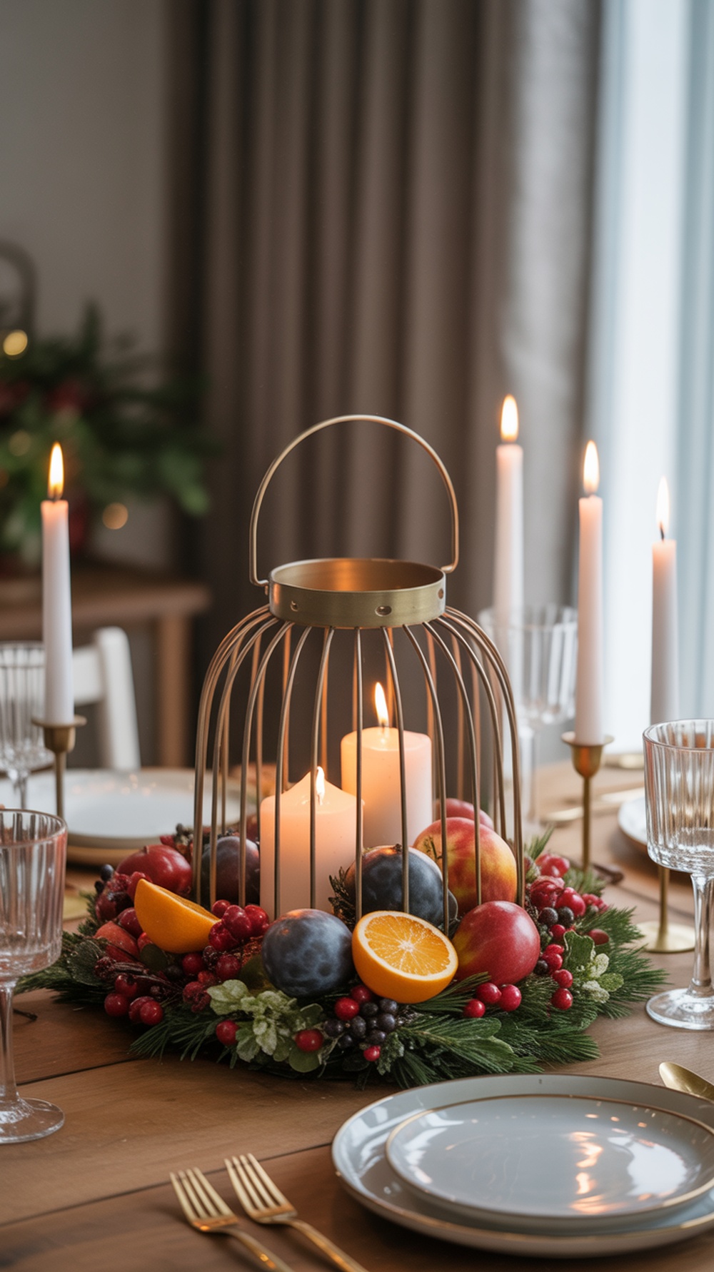 A decorative lantern centerpiece with seasonal fruits and candles on a dining table.
