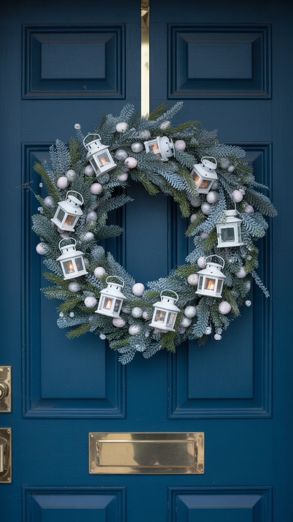 A winter wreath decorated with white lanterns and ornaments on a blue door.