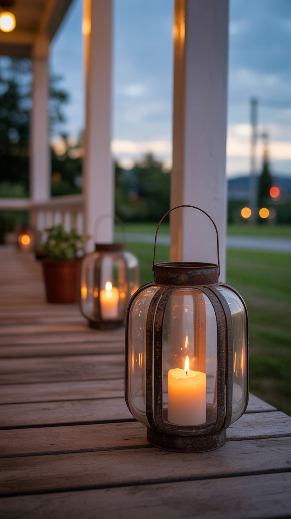 A porch decorated with lanterns featuring flickering candles, creating a warm and inviting atmosphere.