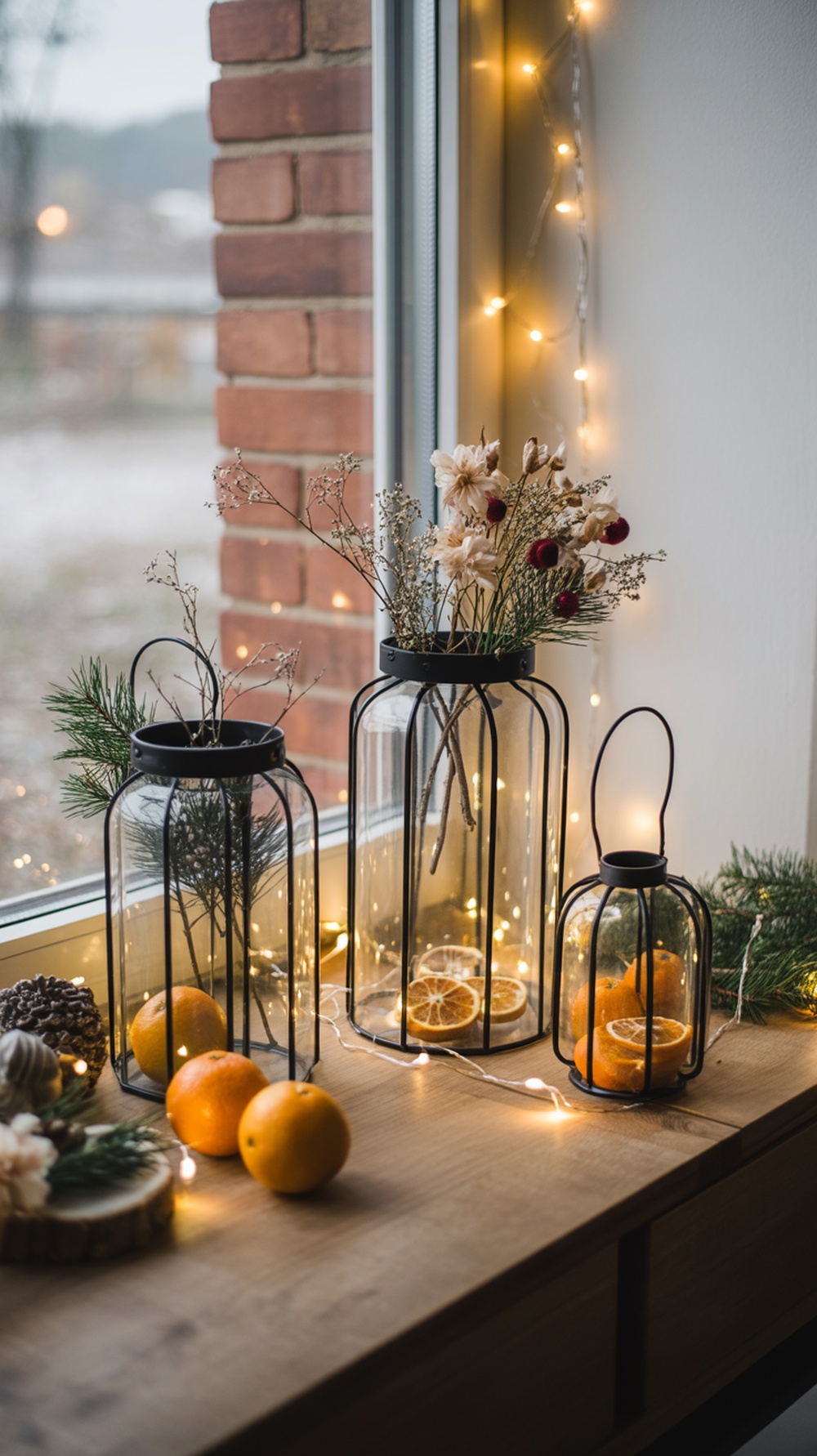 Decorative lanterns with dried flowers and oranges on a wooden table