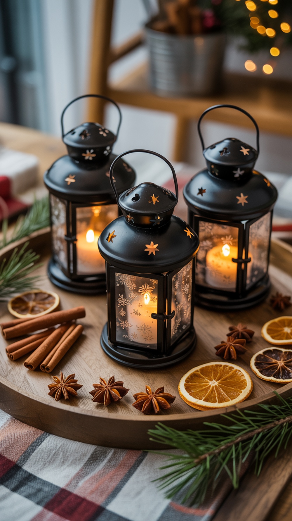 Decorative black lanterns with candles and spices on a wooden tray
