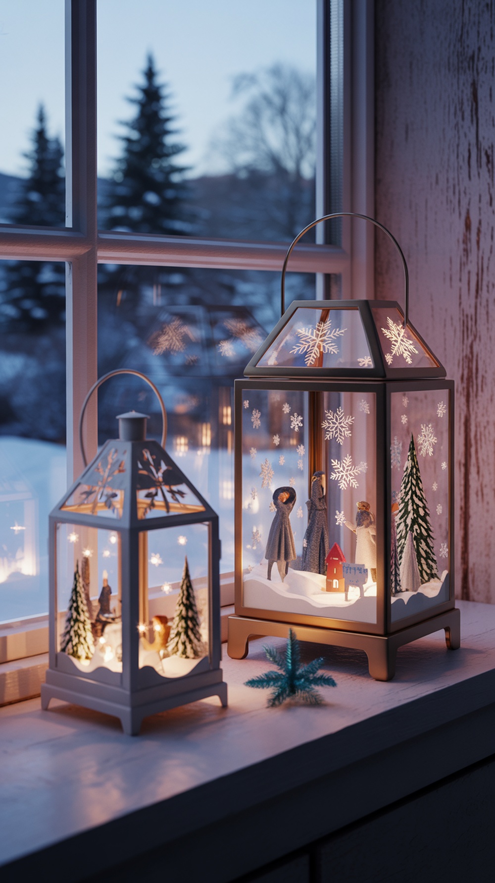 Two decorative lanterns with snowy dioramas, featuring miniature figures and trees, placed on a windowsill.