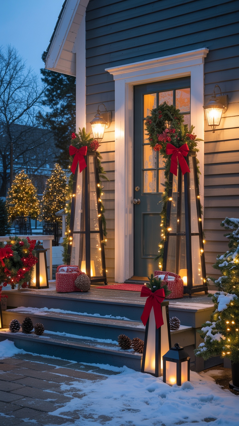 Lanterns wrapped in garland with twinkling lights on a porch