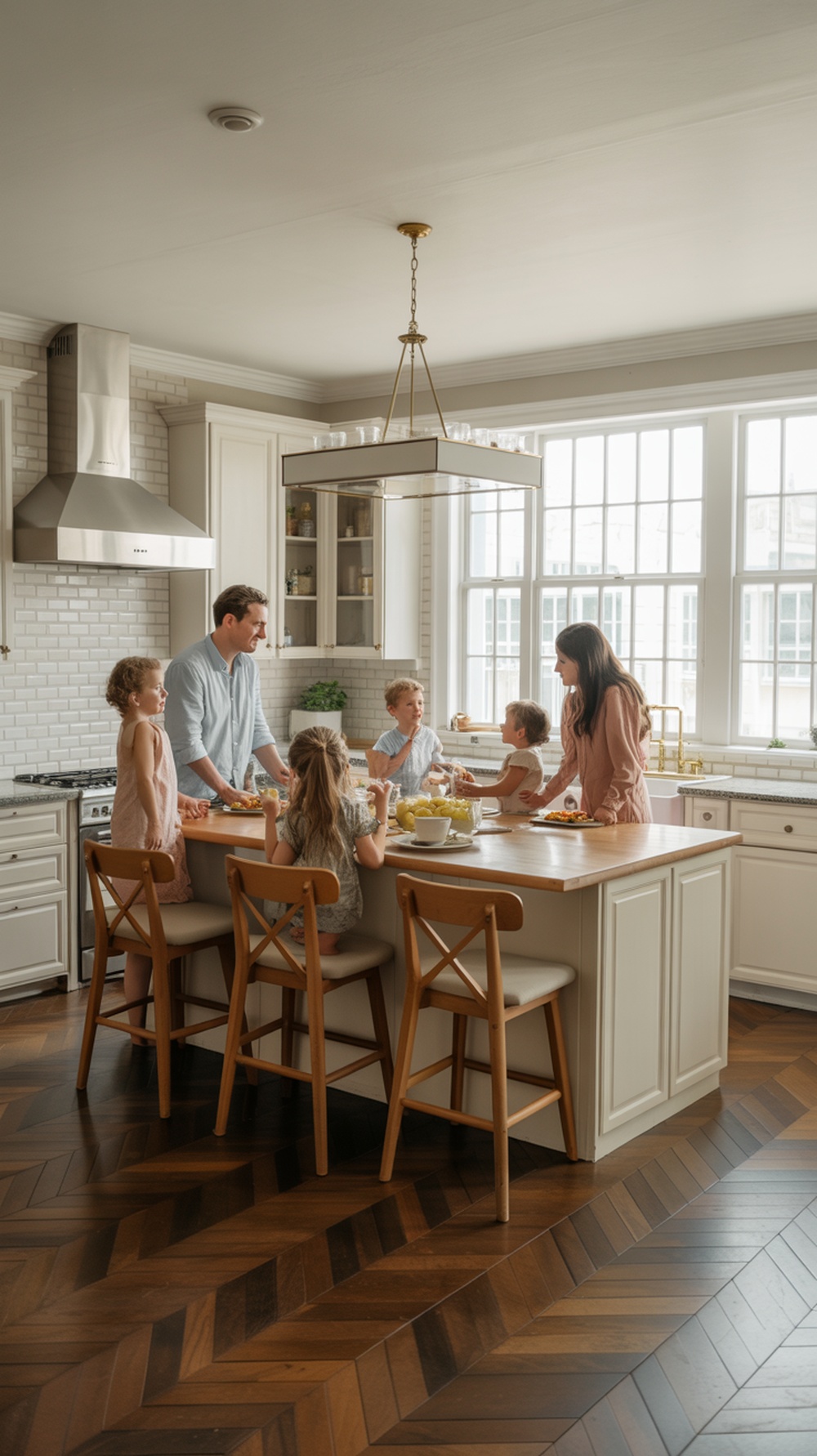 A family gathered around a large kitchen island in a modern farmhouse kitchen, enjoying food and conversation.