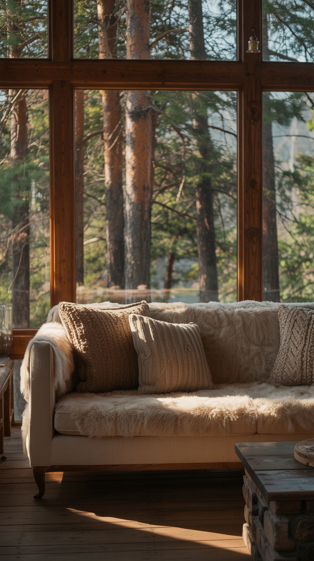 Cozy cabin living room with large windows overlooking trees