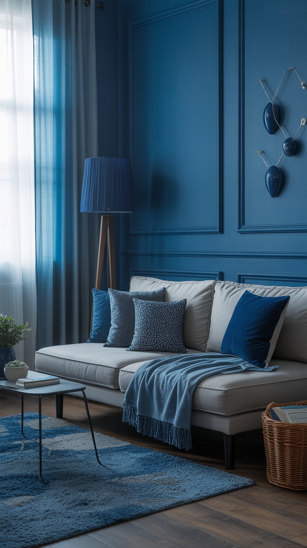 A cozy blue living room featuring layered textures with a blue sofa, various blue cushions, a blue rug, and natural light filtering through sheer curtains.
