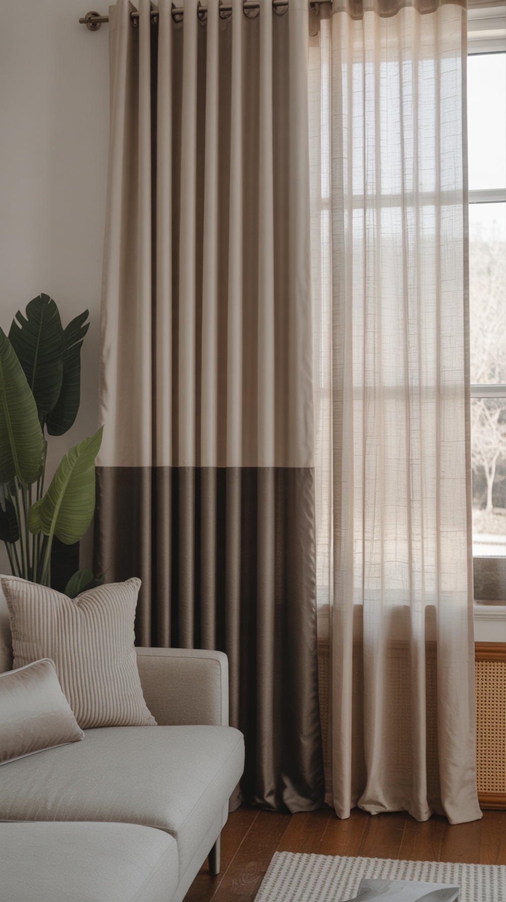 Layered curtains in a living room, featuring sheer and solid fabrics in neutral tones.