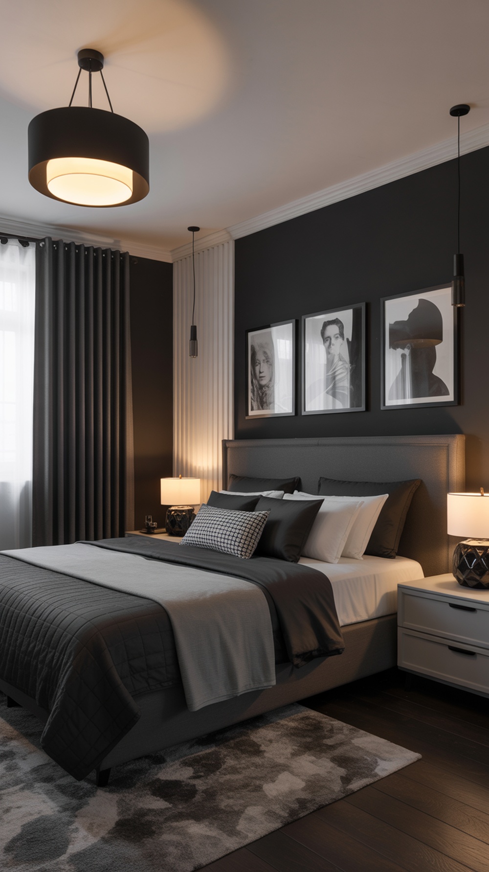 A stylish black and white bedroom featuring layered lighting with a modern ceiling fixture and bedside lamps.