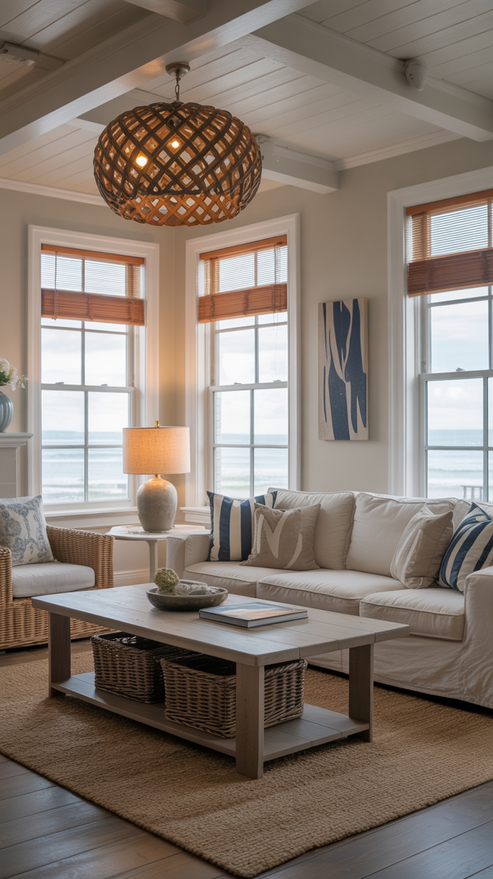 A coastal living room with layered lighting, featuring a woven pendant light, table lamp, and large windows with ocean views.