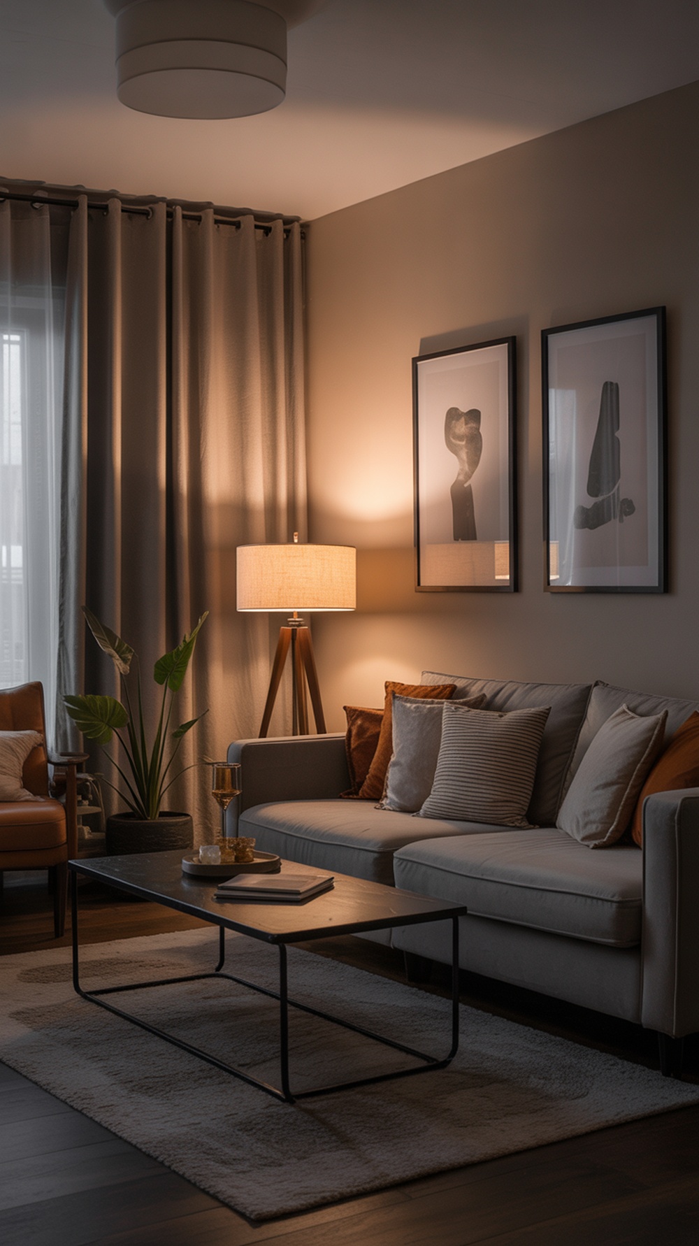 A modern living room with layered lighting, featuring a ceiling light, a floor lamp, and artwork on the walls.