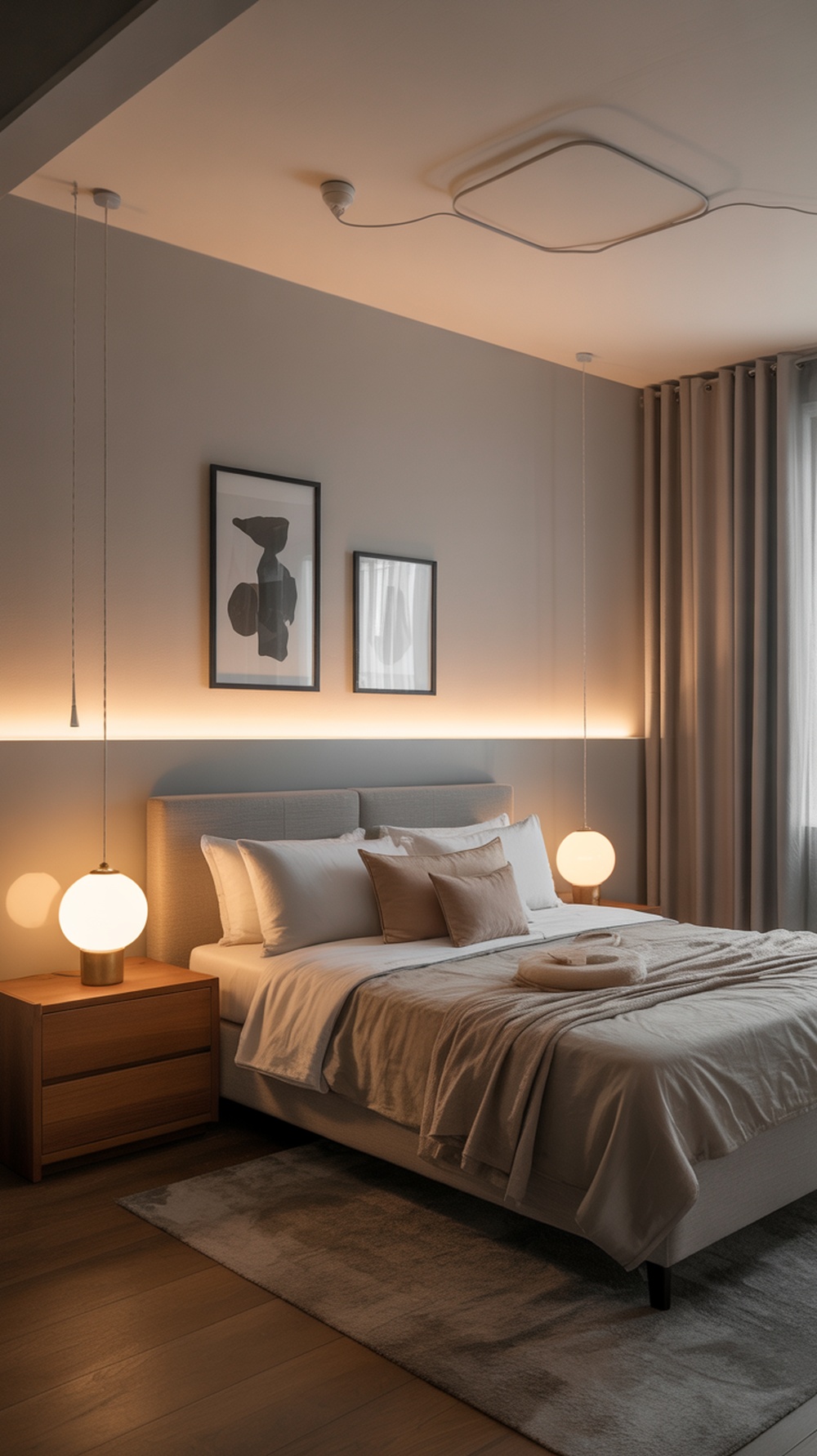 A minimalist bedroom featuring layered lighting techniques with pendant lights and backlighting.