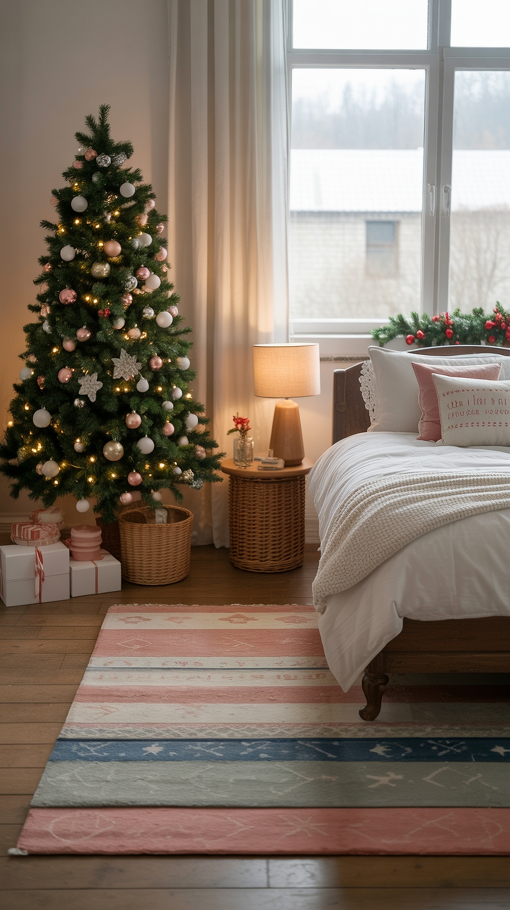 A cozy bedroom decorated for Christmas with a layered rug, a Christmas tree, and warm lighting.