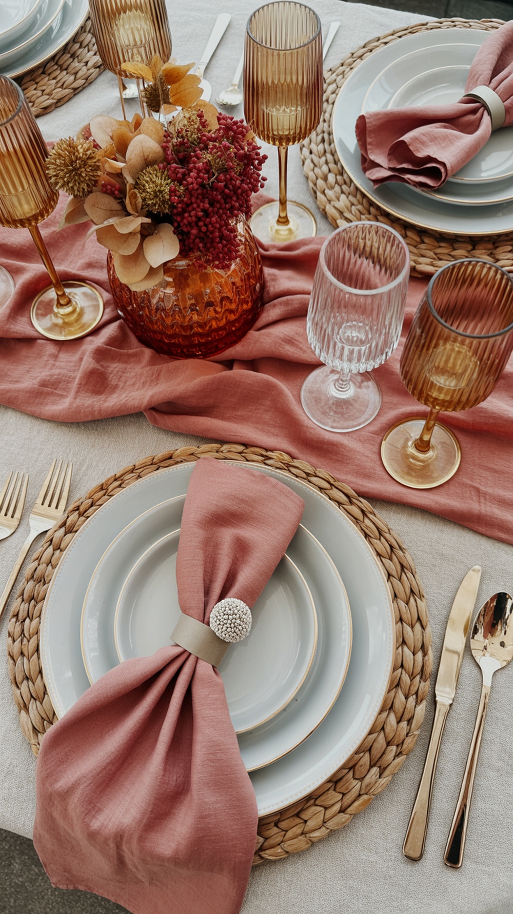 A beautifully set Thanksgiving table with layered linens, featuring a neutral tablecloth, a rust-colored runner, woven placemats, and elegant tableware.