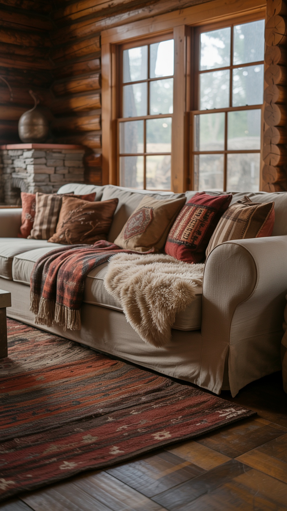 Cozy cabin living room with layered textiles including rugs, throws, and cushions, featuring a fireplace.