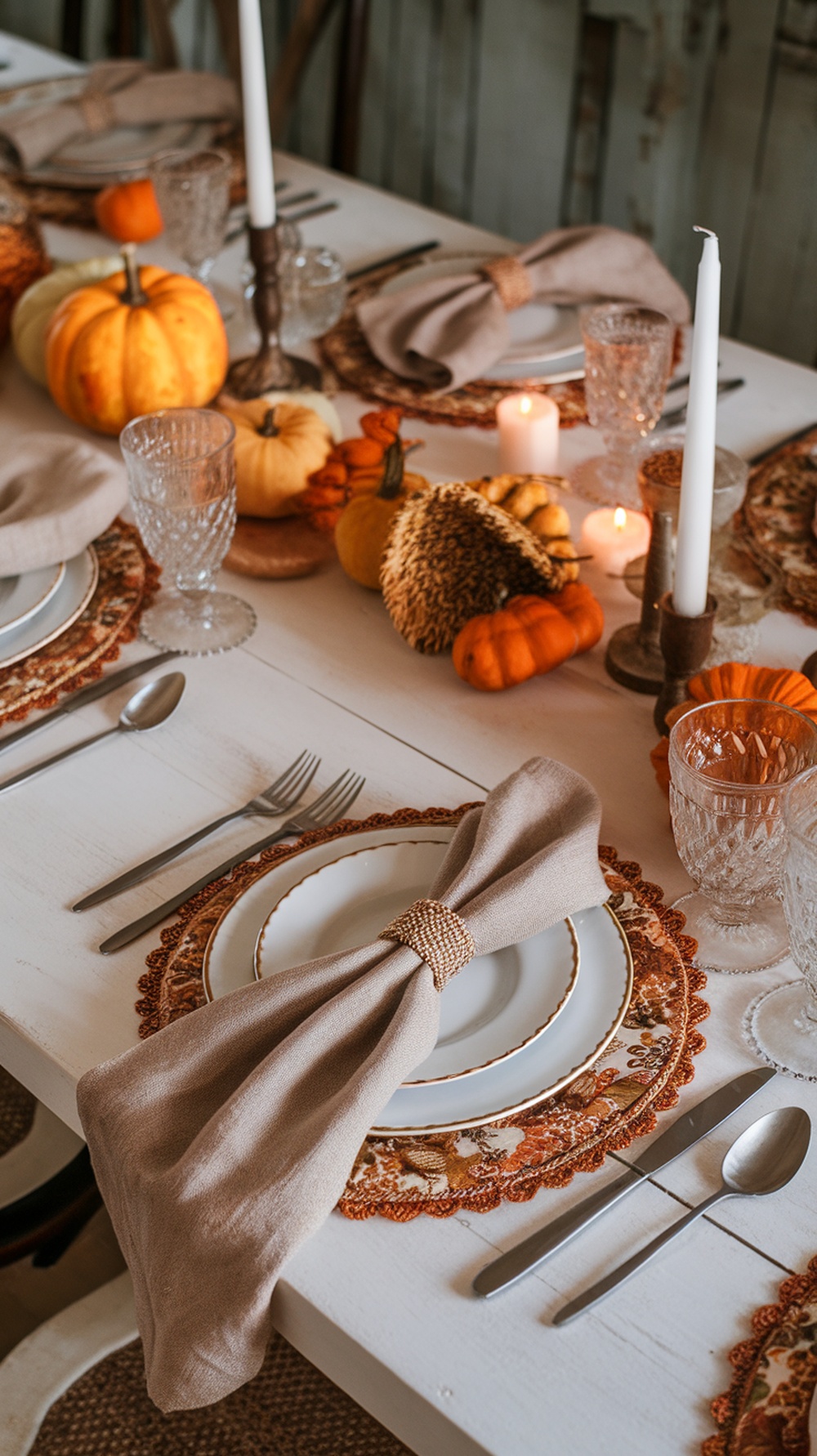 A beautifully set Thanksgiving table with layered textiles, featuring neutral napkins, intricate placemats, candles, and small pumpkins.