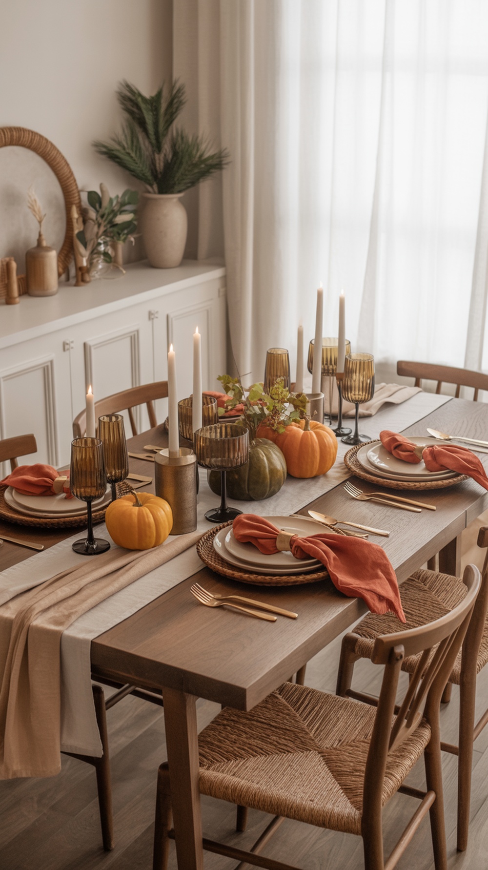 A beautifully set Thanksgiving table featuring layered textiles, pumpkins, and candles.